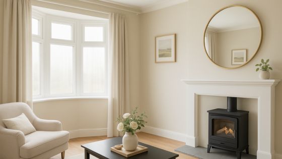 Bright living room with bay window and fitted white curtain track, featuring plantation shutters, soft neutral tones, and a classic fireplace with modern built-in shelving.